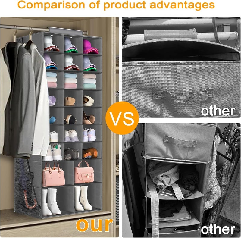 VERONLY Hanging Shoe Organizer for Closet, Closet Hanging Shoe Storage Rack Holder Shelves,Collapsible Shoe Closet Organizers and Storage with 4 Large Side Pockets,25 Sections for Shoes,Hats,Clothes(Gray) - Image 5